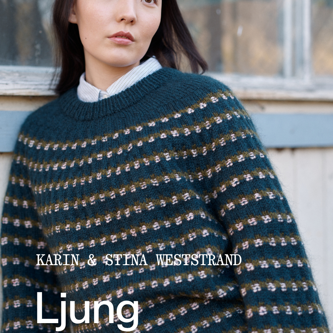 A woman wearing a dark teal patterned knit sweater with horizontal stripes of small white, gold, and brown motifs, layered over a light blue collared shirt and cream trousers. The image features text overlays reading 'KARIN & STINA WESTSTRAND', 'Ljung', and 'LAINE'.