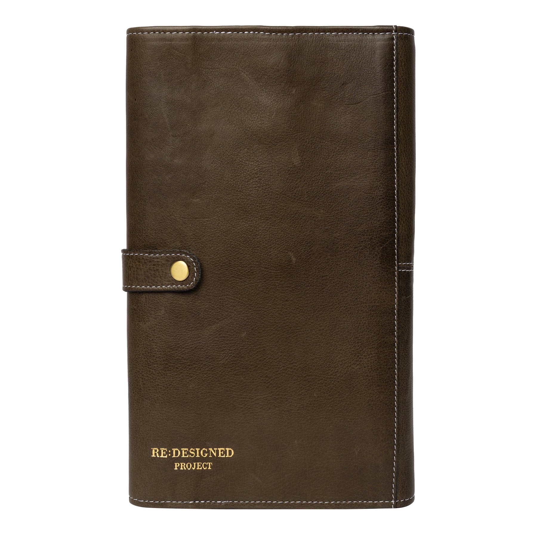 Dark olive green leather knitting needle case with gold buckle on a white background