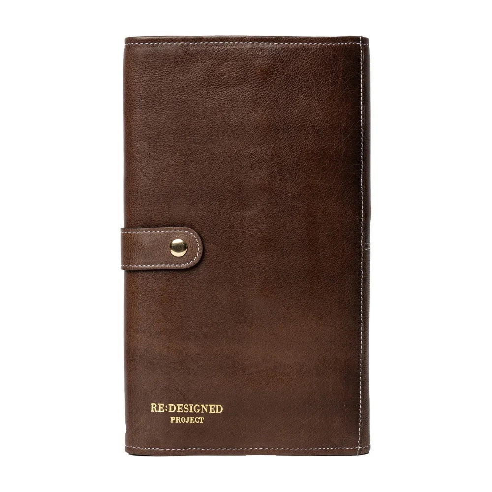 Brown leather Knitting needle case with gold accent on a white background