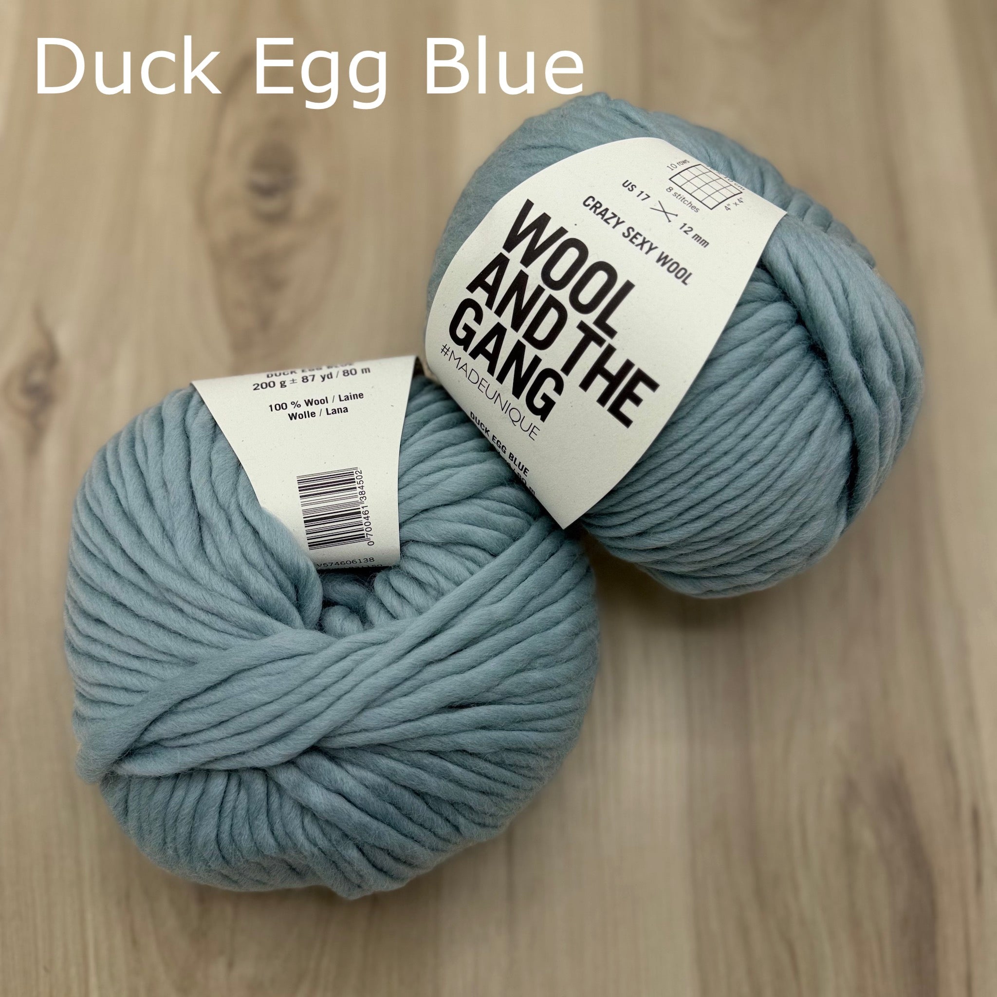 Two skeins of super-bulky Duck Egg Blue yarn with 'Wool and the Gang' labels on a wooden surface.