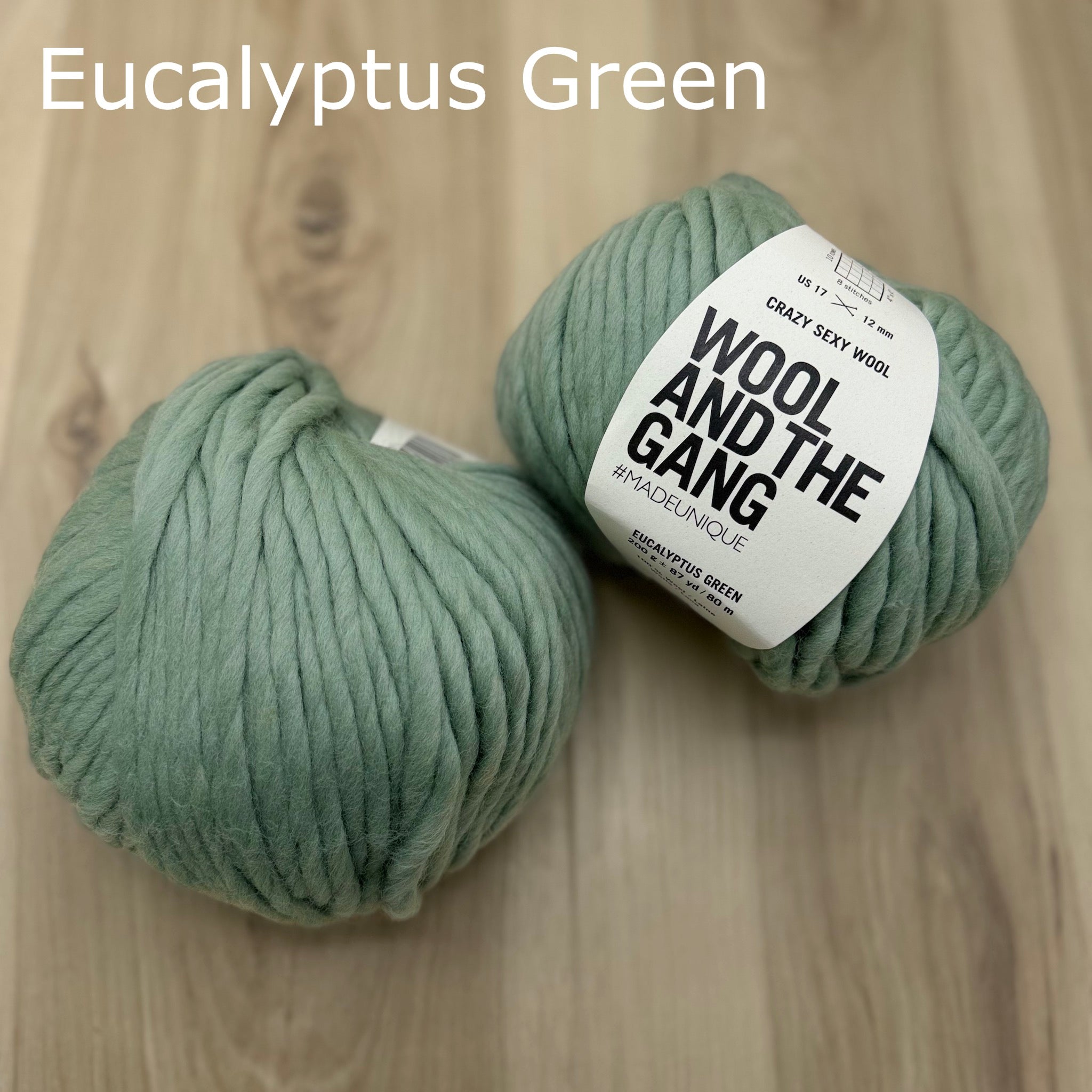 Two skeins of super-bulky eucalyptus green yarn with 'Wool and the Gang' label on a wooden surface