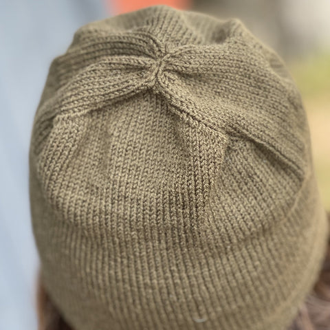 Photo of an olive green hat shown from behind